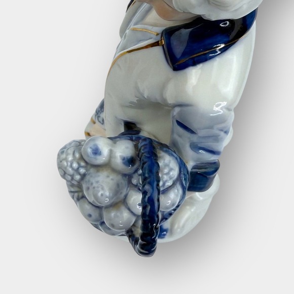 Vintage Blue White Porcelain Figurine Boy Carrying Two Fruit Baskets Gold Trim - Picture 14 of 15